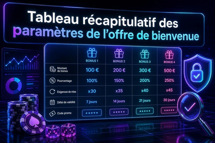 Tableau récapitulatif des paramètres de l'offre de bienvenue